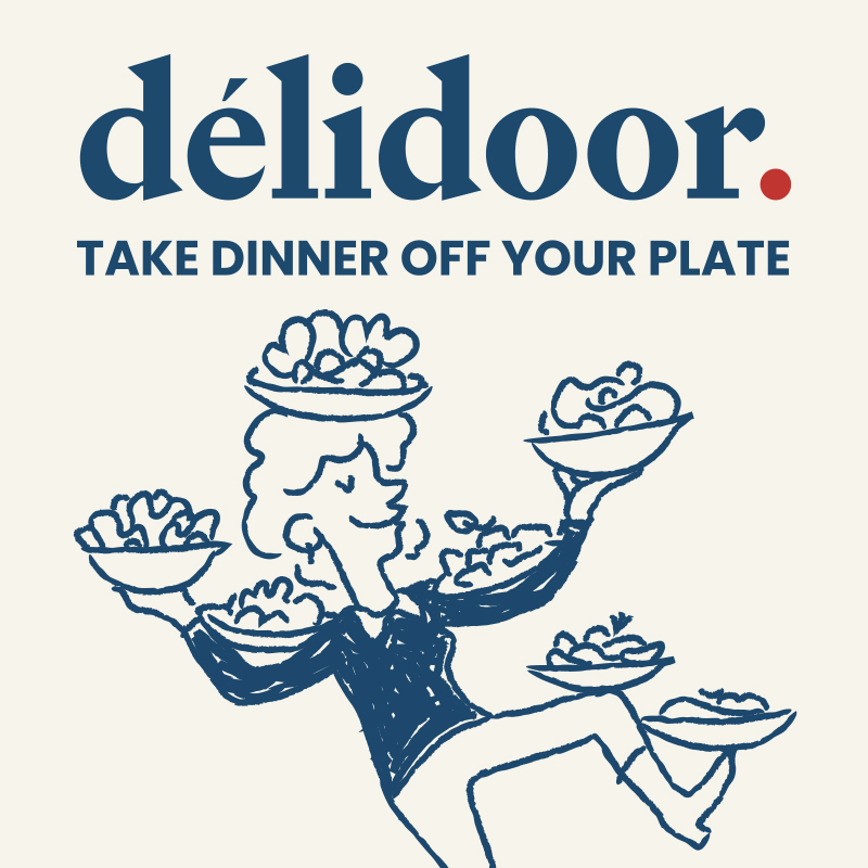 Delidoor logo with the slogan 'Take dinner off your plate' and a cartoon figure juggling multiple bowls of food.